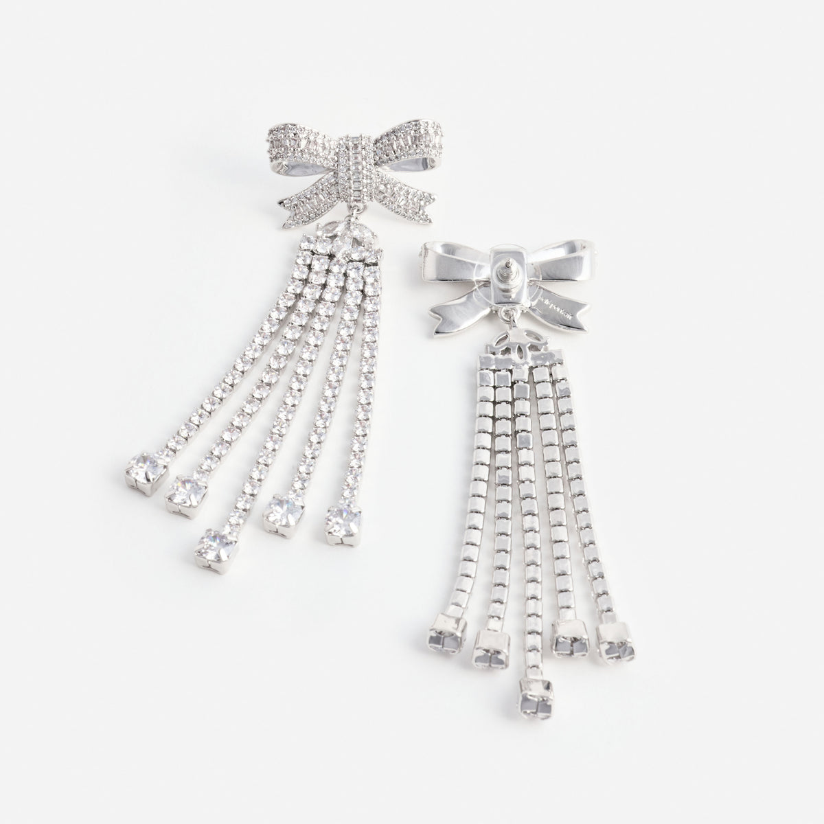 Silver crystal bow droplet earrings