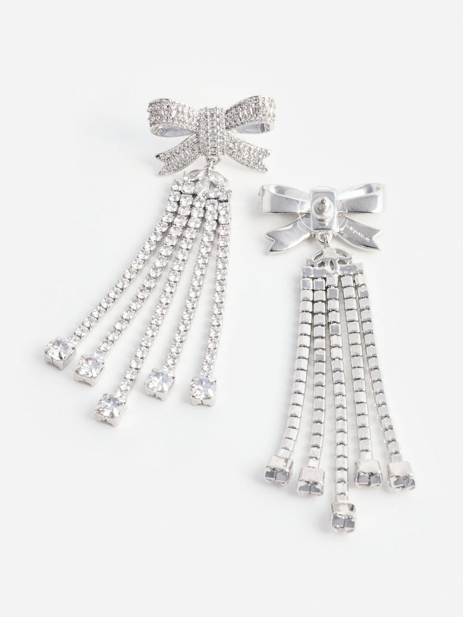 Silver crystal bow droplet earrings