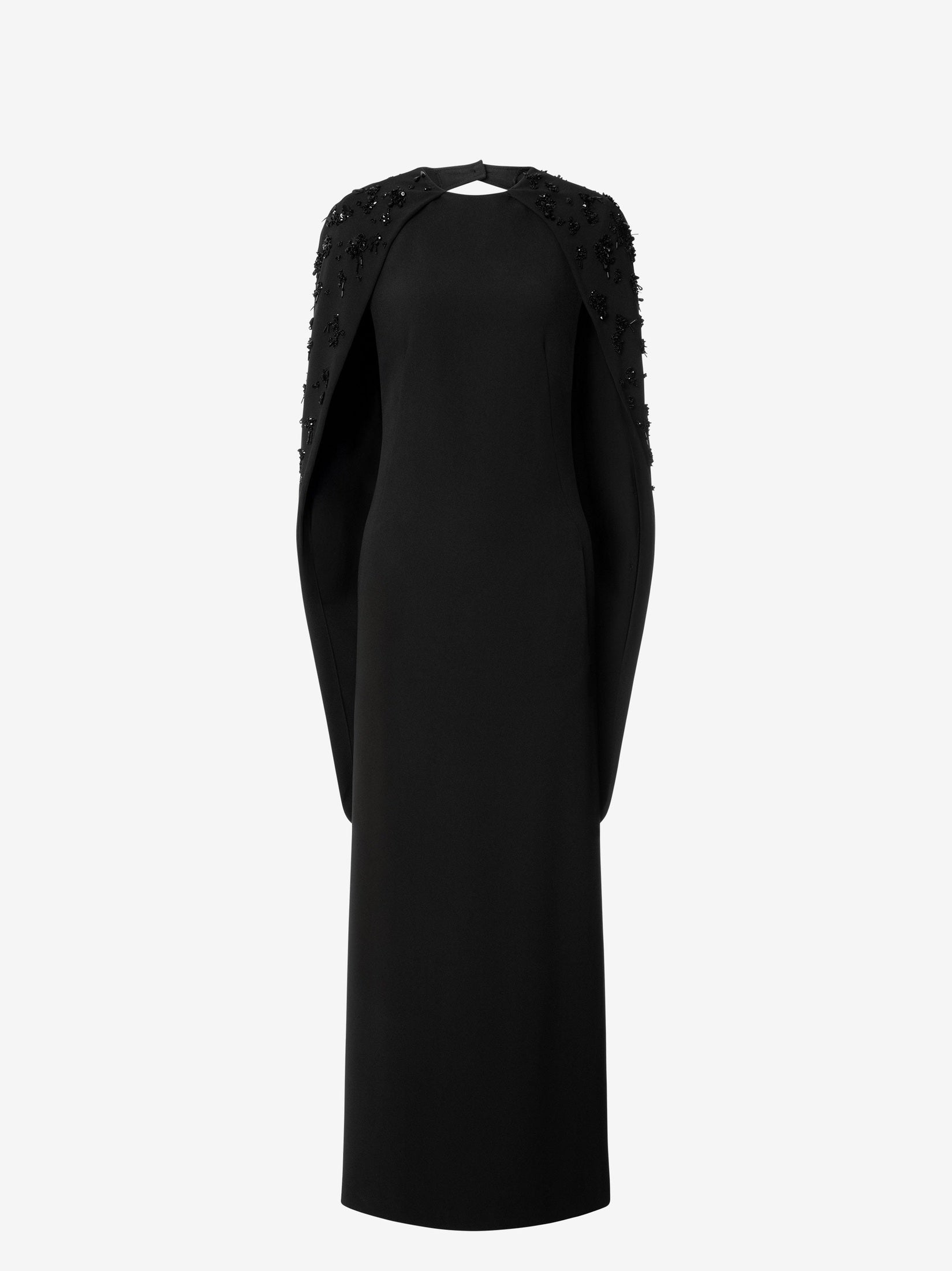 Embroidered stretch cady cape dress
