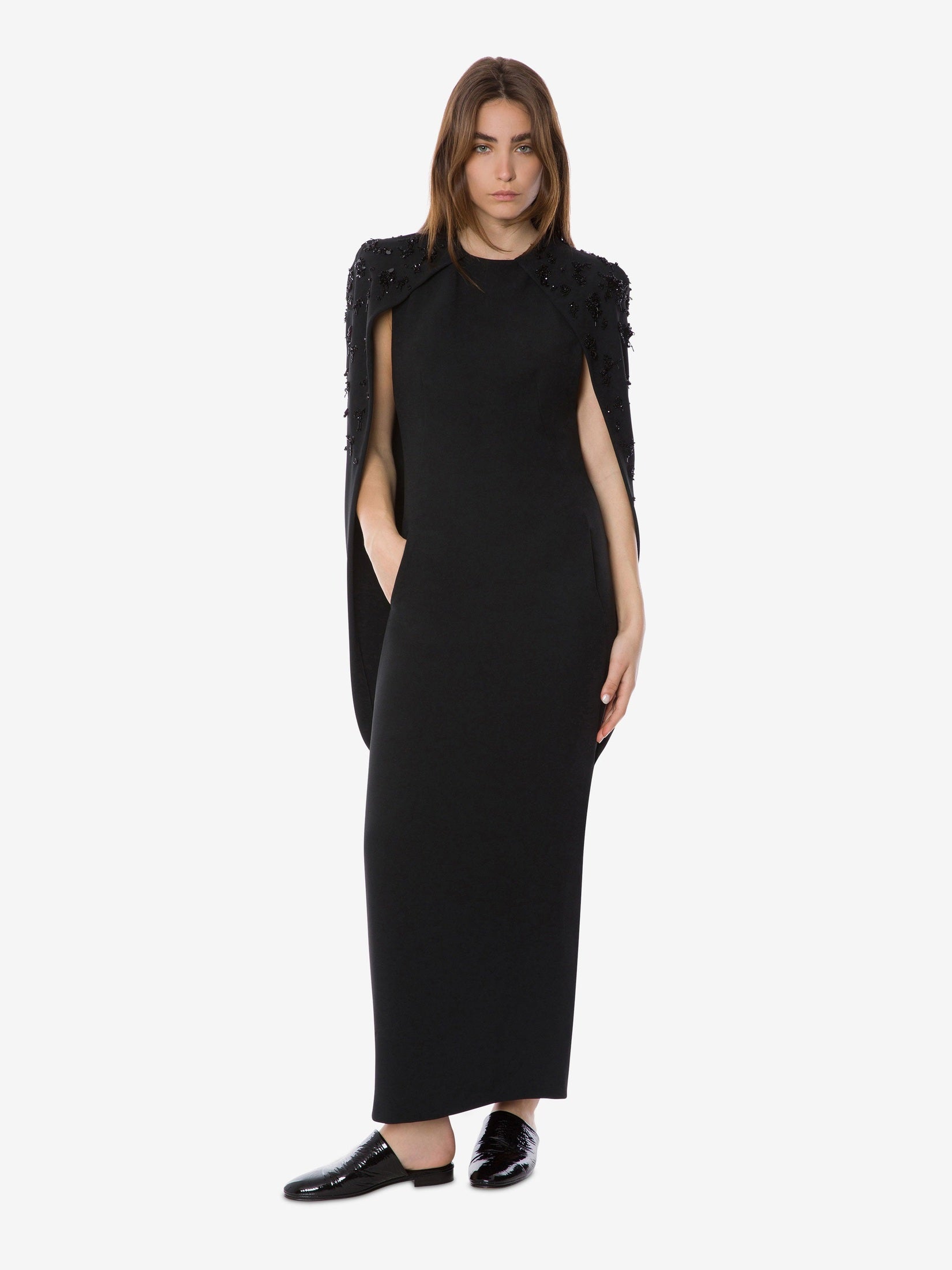 Embroidered stretch cady cape dress