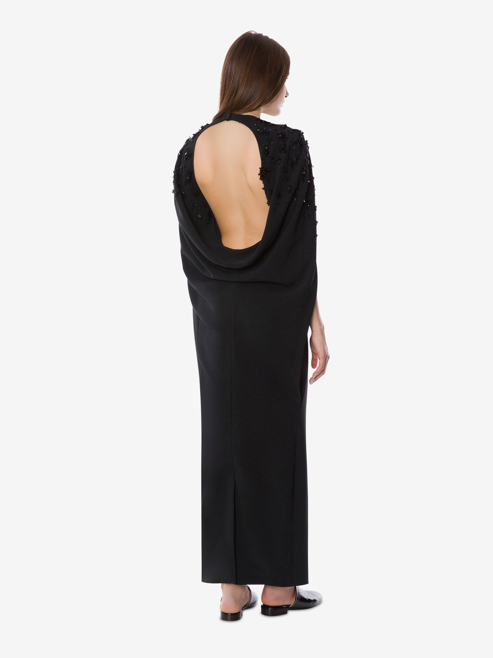 Embroidered stretch cady cape dress