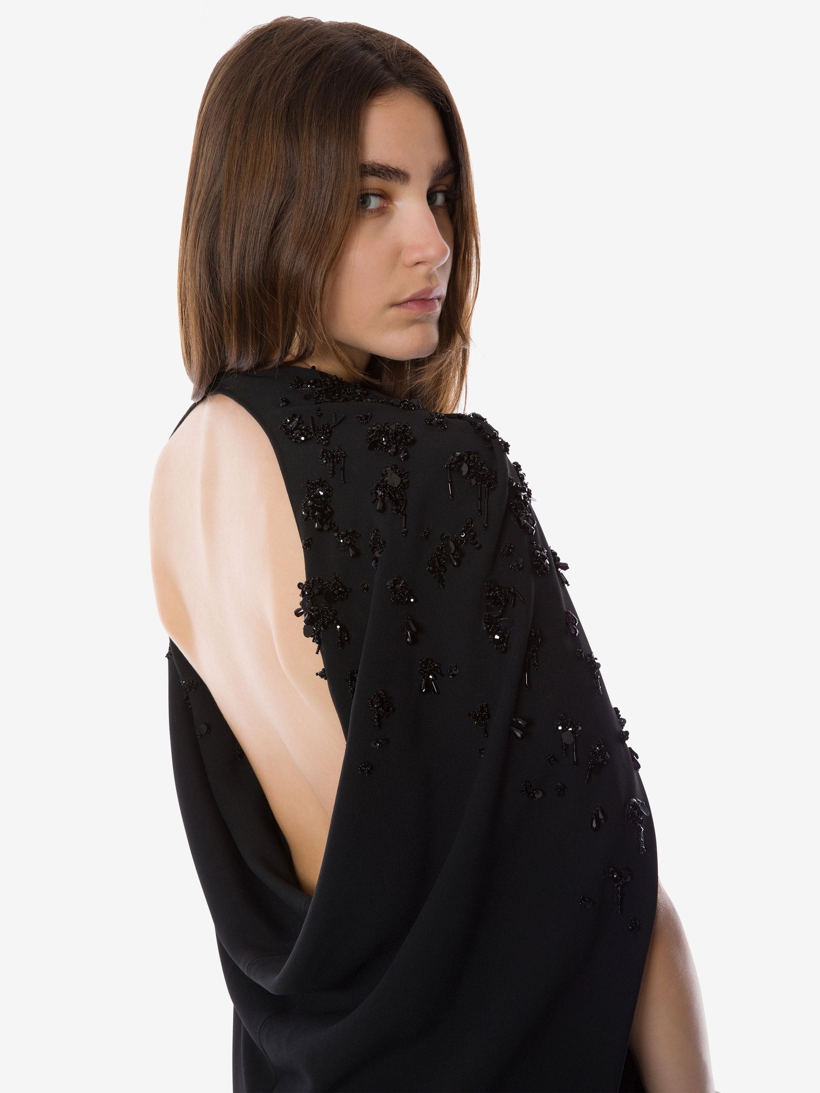 Embroidered stretch cady cape dress