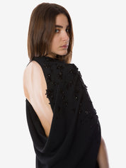 Embroidered stretch cady cape dress