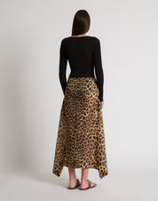 Silk long skirt with leopard print