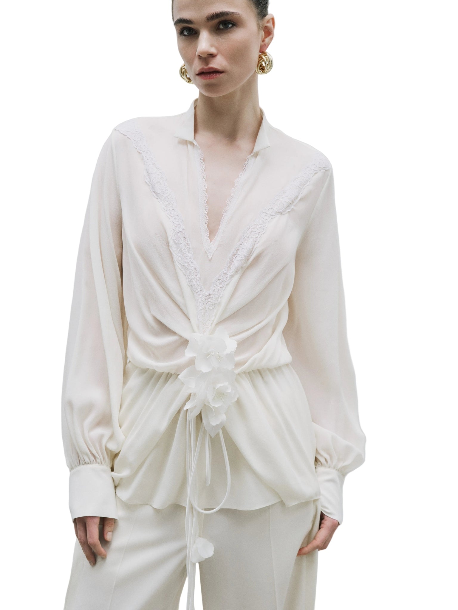 Ecru Lace Blouse with Floral Details