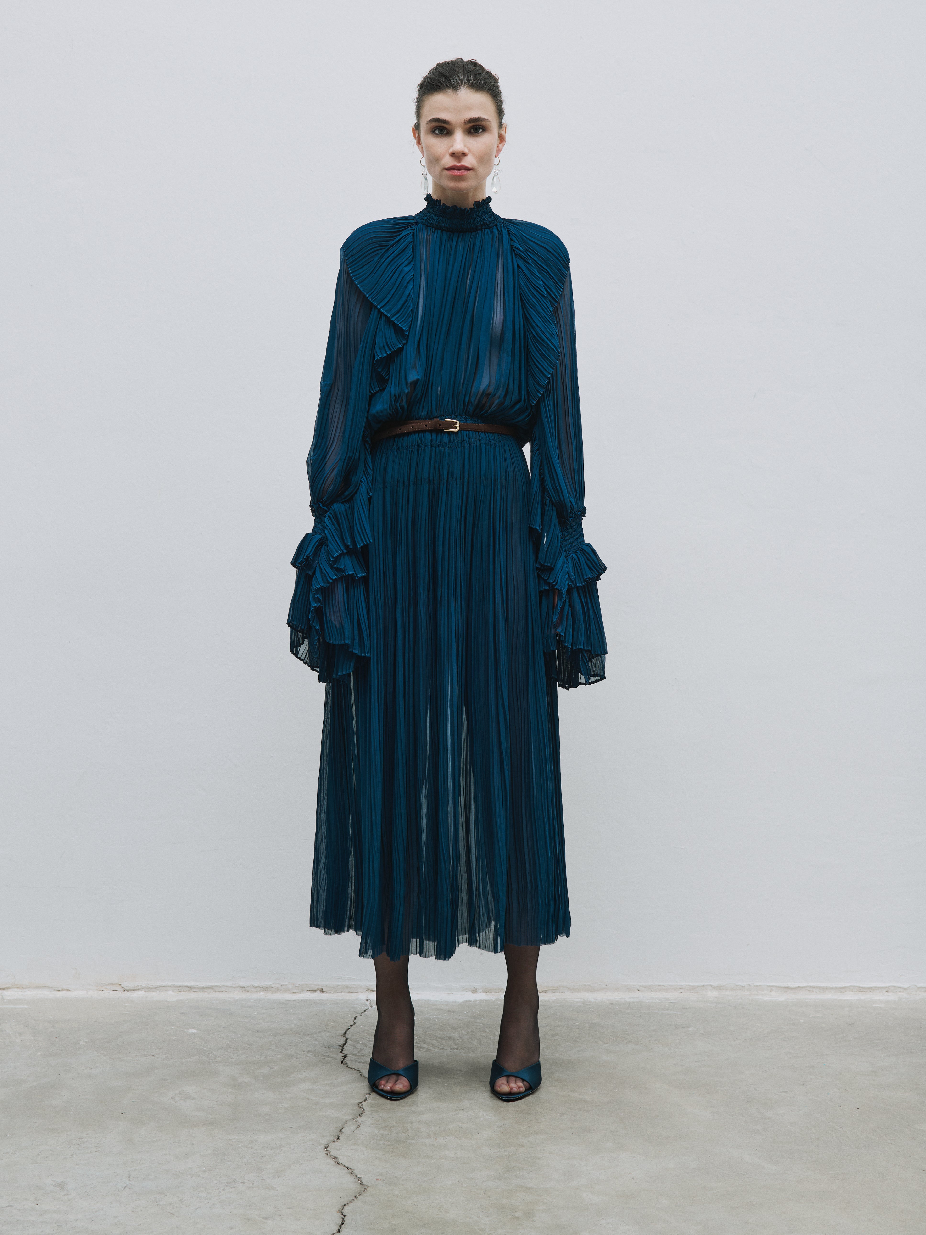 Pleated teal dress