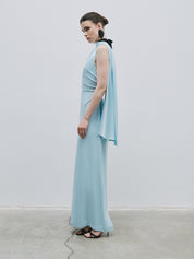 Stand-up collar back detail blue dress