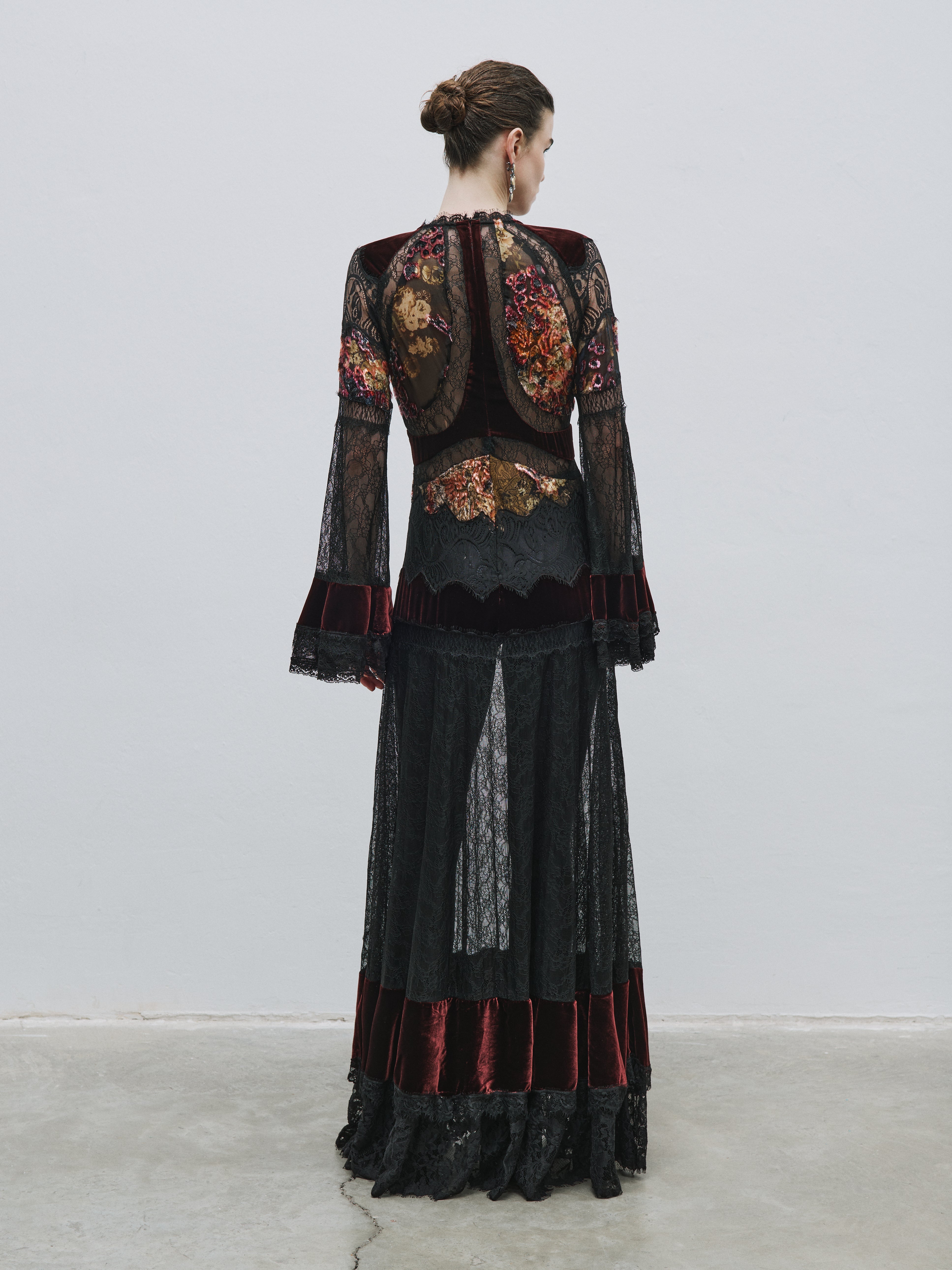 Floral pattern silk burnout velvet dress