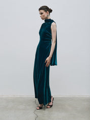 Draped cape detail backless velvet dress
