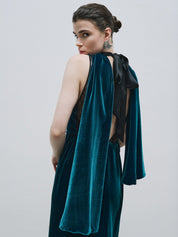 Draped cape detail backless velvet dress