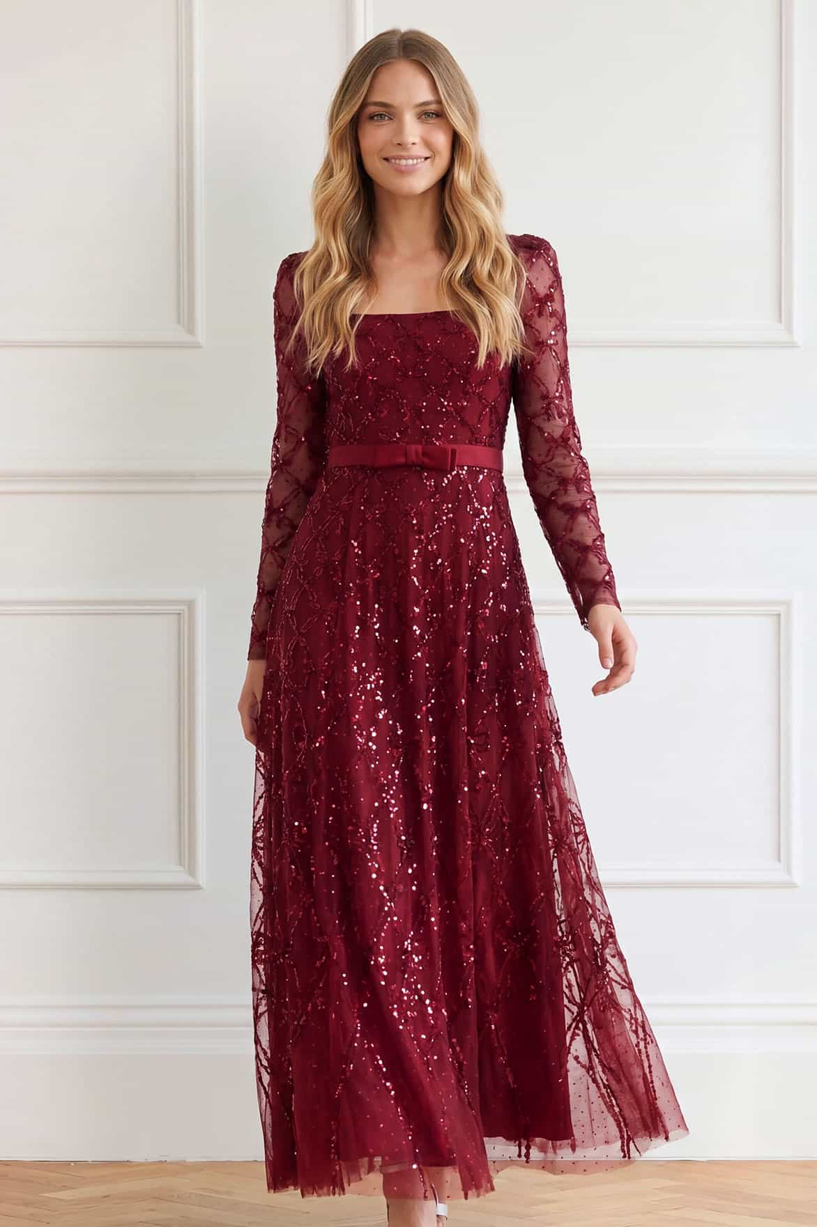 Bow lattice long sleeve ankle gown