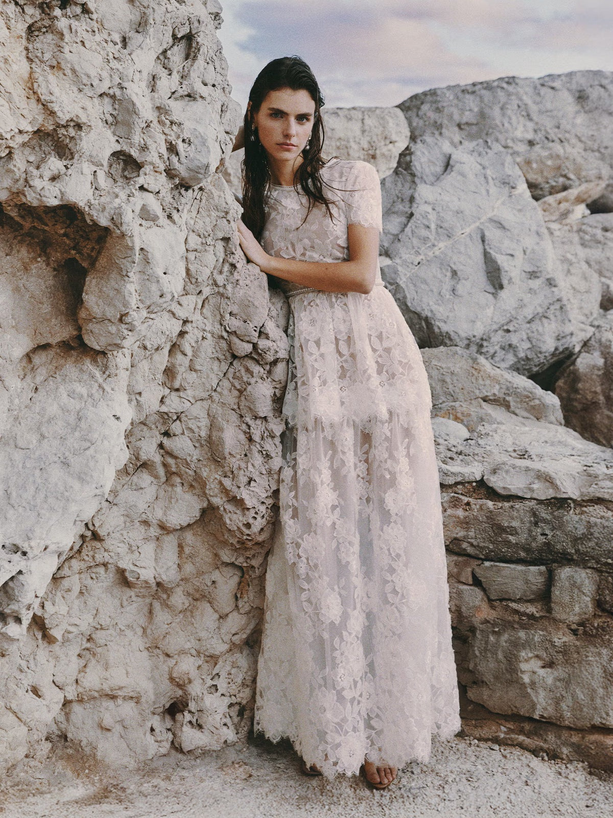 White sequin lace tiered maxi dress
