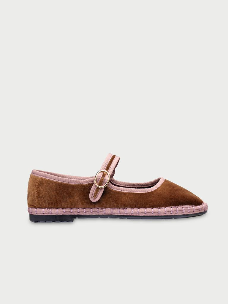Balthasar velvet mary jane in brown with light pink piping and buckle closure