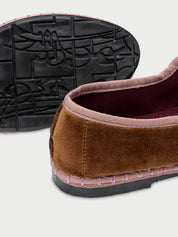 Balthasar velvet mary jane in brown with light pink piping and buckle closure
