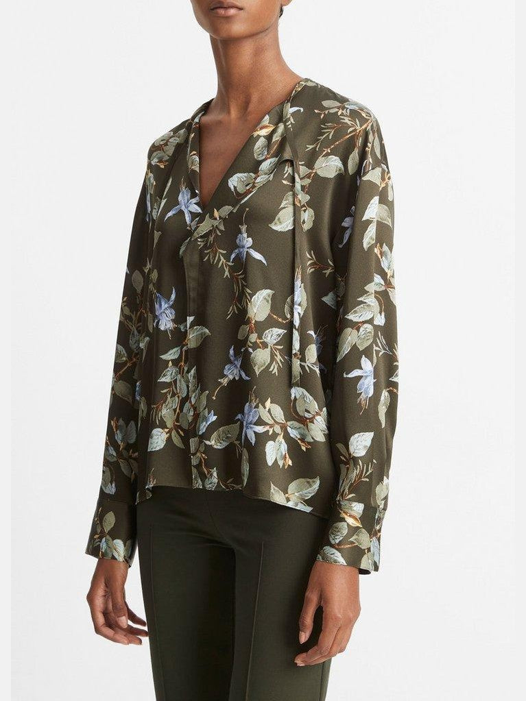Bellflower silk draped tie-neck blouse