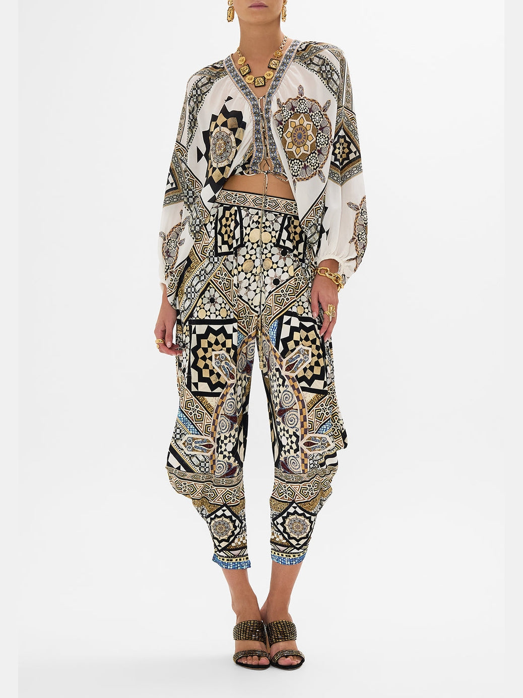 Lace up front blouson sleeve blouse