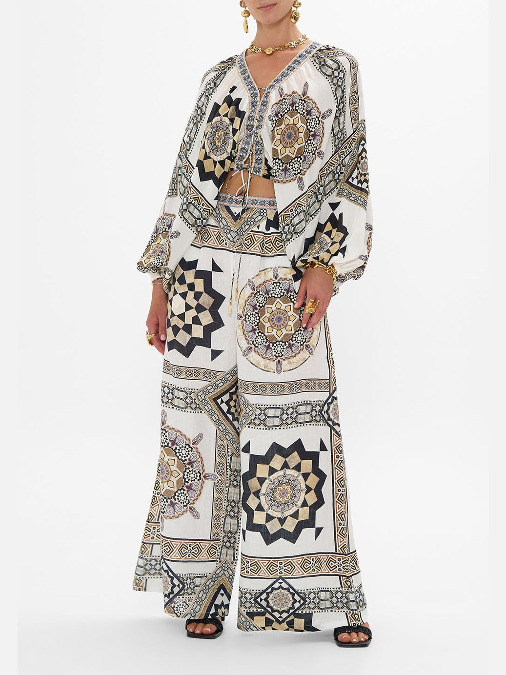 Lace up front blouson sleeve blouse