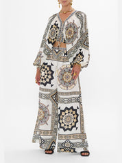 Lace up front blouson sleeve blouse