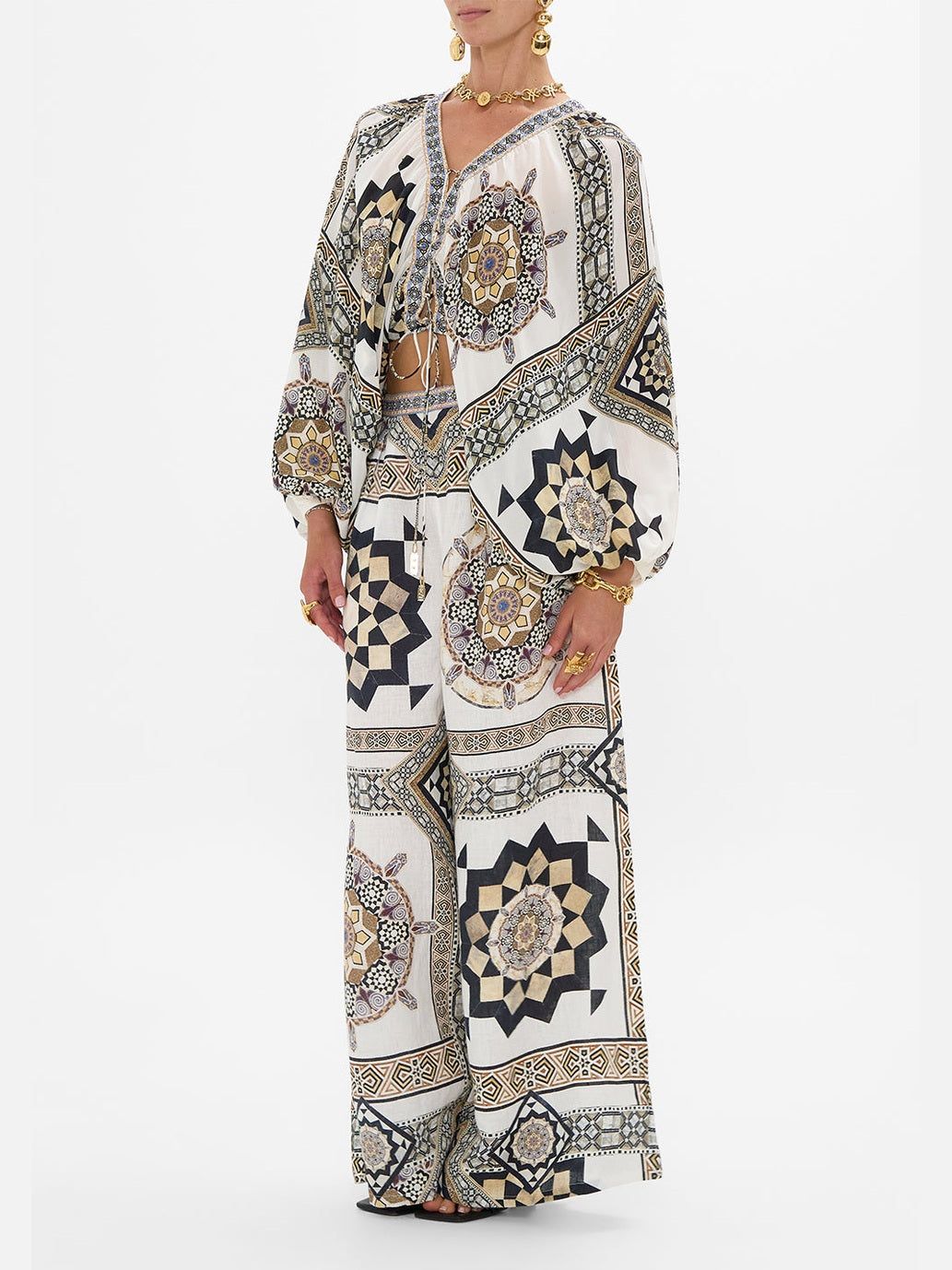 Lace up front blouson sleeve blouse