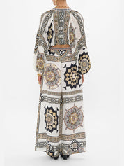 Lace up front blouson sleeve blouse