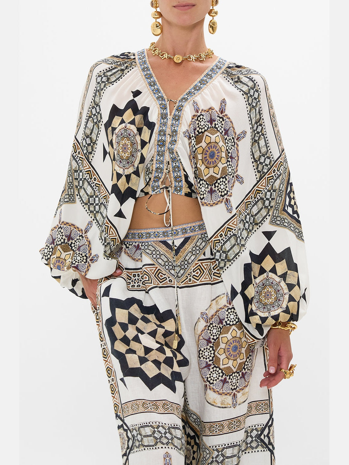 Lace up front blouson sleeve blouse