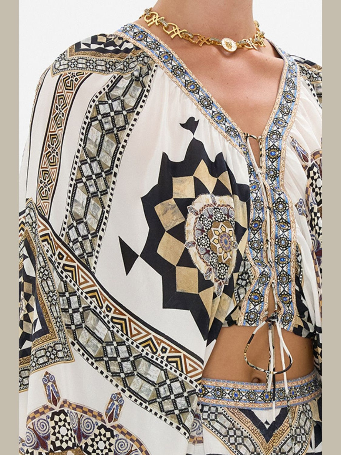 Lace up front blouson sleeve blouse