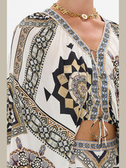 Lace up front blouson sleeve blouse