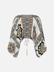 Lace up front blouson sleeve blouse