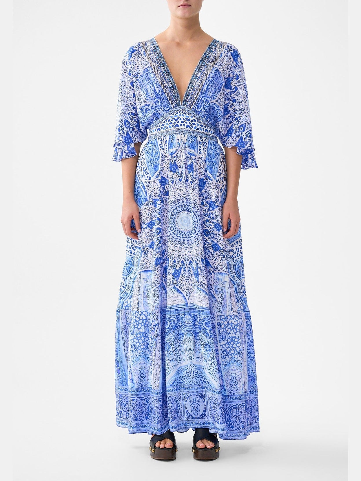 Waisted dress with hem ruffle