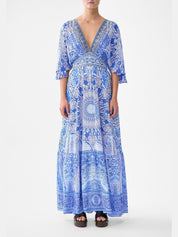 Waisted dress with hem ruffle