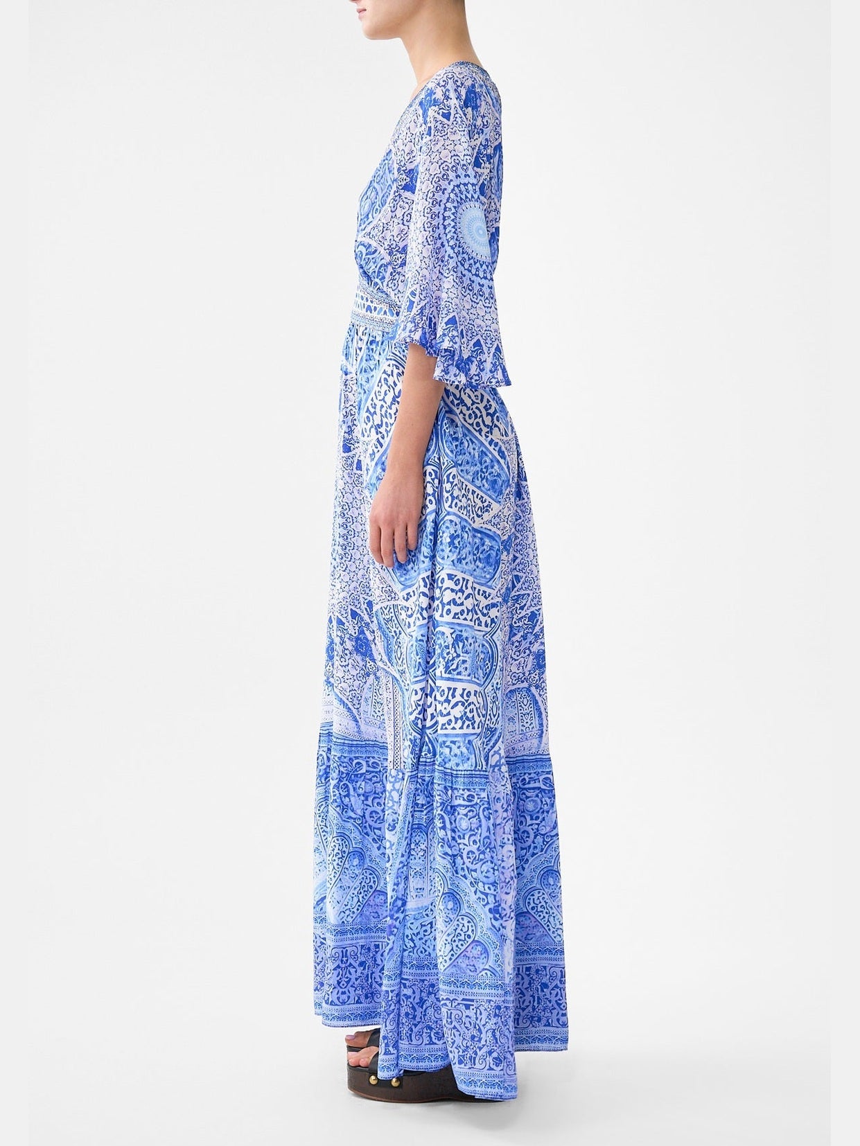 Waisted dress with hem ruffle