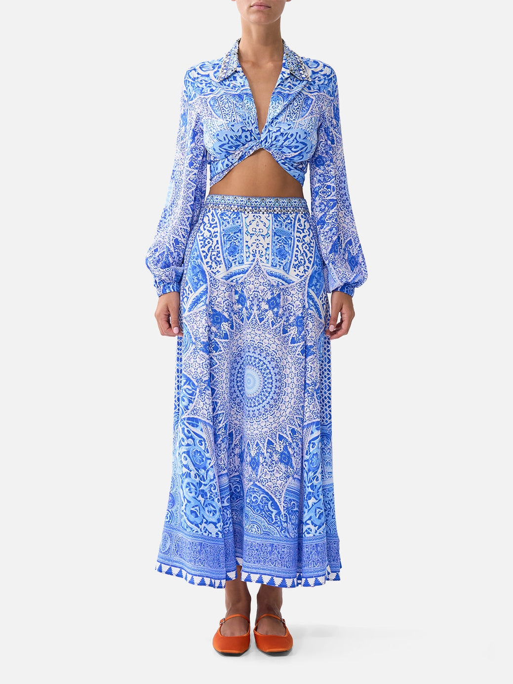 Panelled flared long skirt