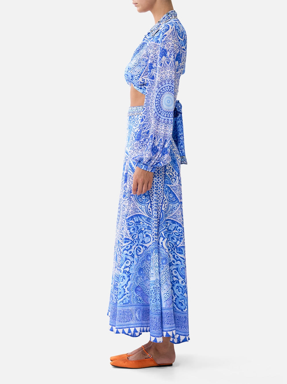 Panelled flared long skirt