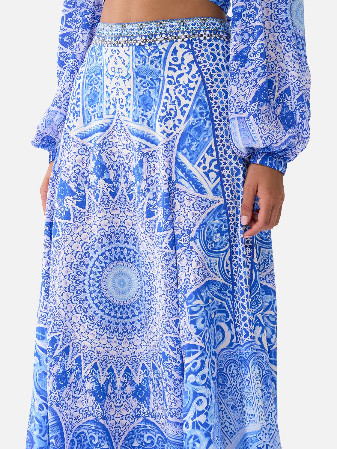 Panelled flared long skirt
