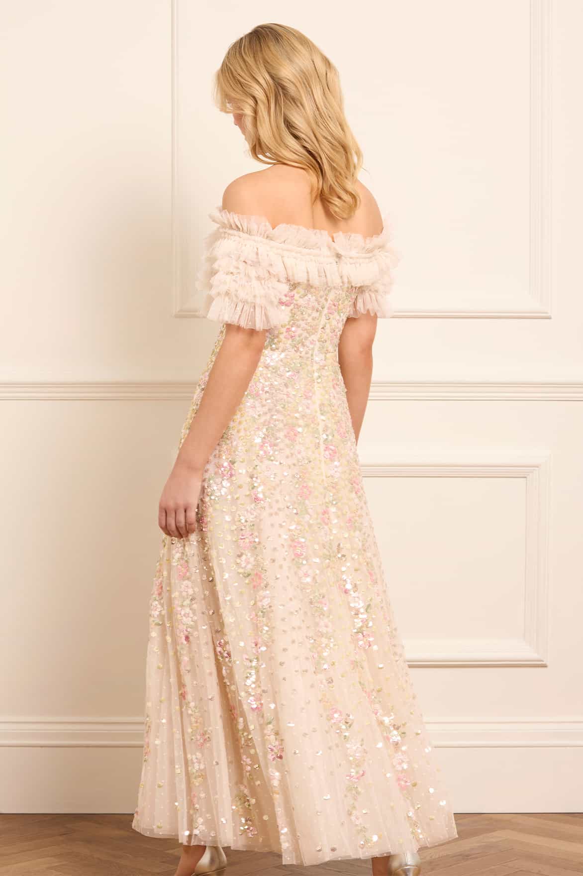 CONFETTI RUFFLE OFF-SHOULDER ANKLE GOWN