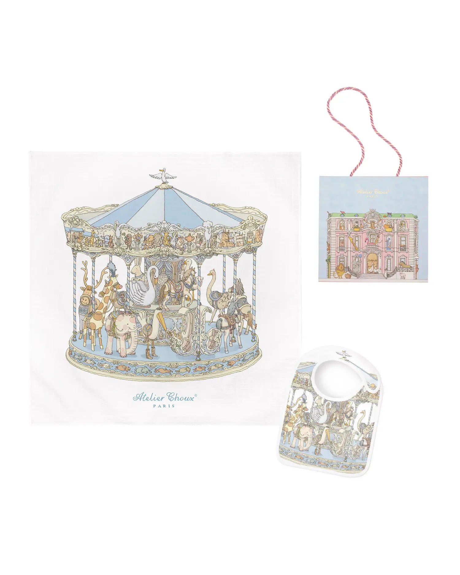 Carré & Satin Bib Set – Carousel Blue