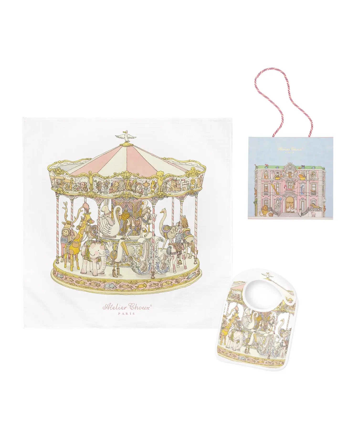 Carré & Satin Bib Set – Carousel Pink