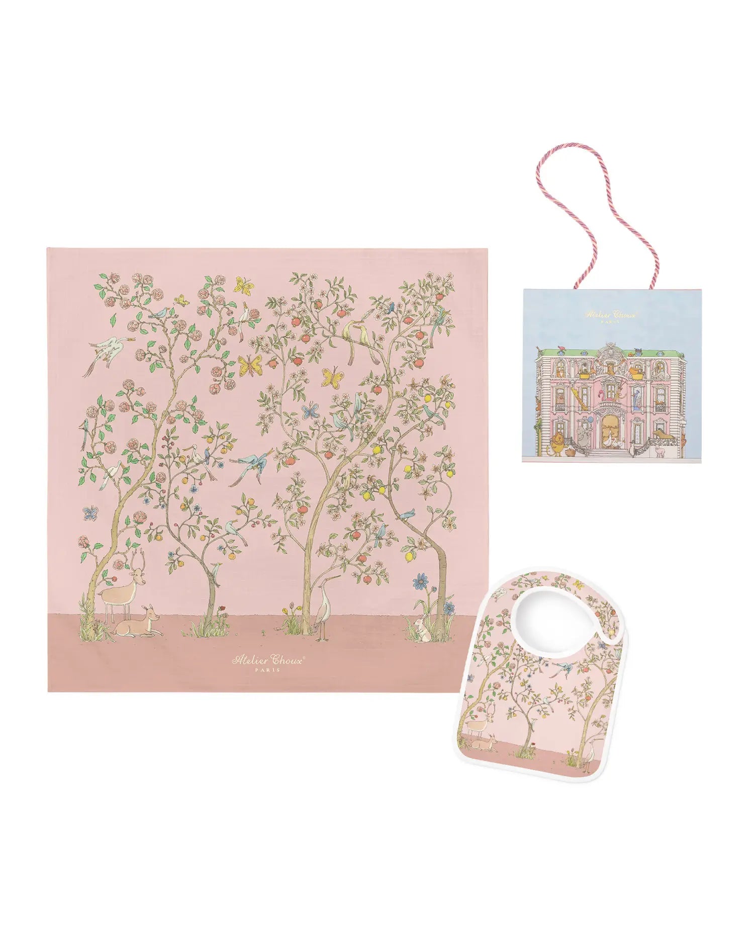 Carré & Satin Bib Set – In Bloom Pink