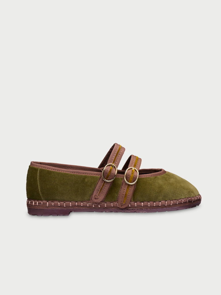 Claire mustard velvet mary jane in mustard with dark beige piping and double brown velvet straps with buckle as closure