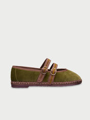 Claire mustard velvet mary jane in mustard with dark beige piping and double brown velvet straps with buckle as closure