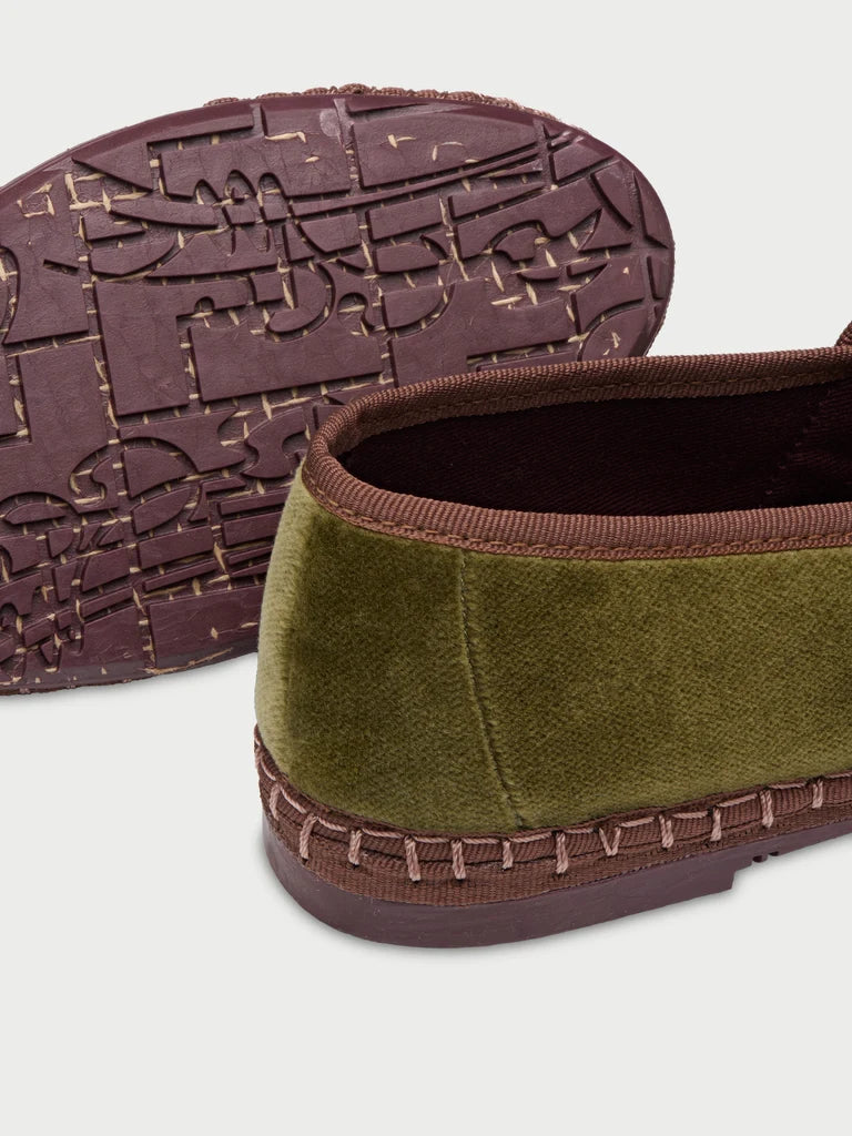 Claire mustard velvet mary jane in mustard with dark beige piping and double brown velvet straps with buckle as closure