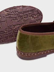 Claire mustard velvet mary jane in mustard with dark beige piping and double brown velvet straps with buckle as closure