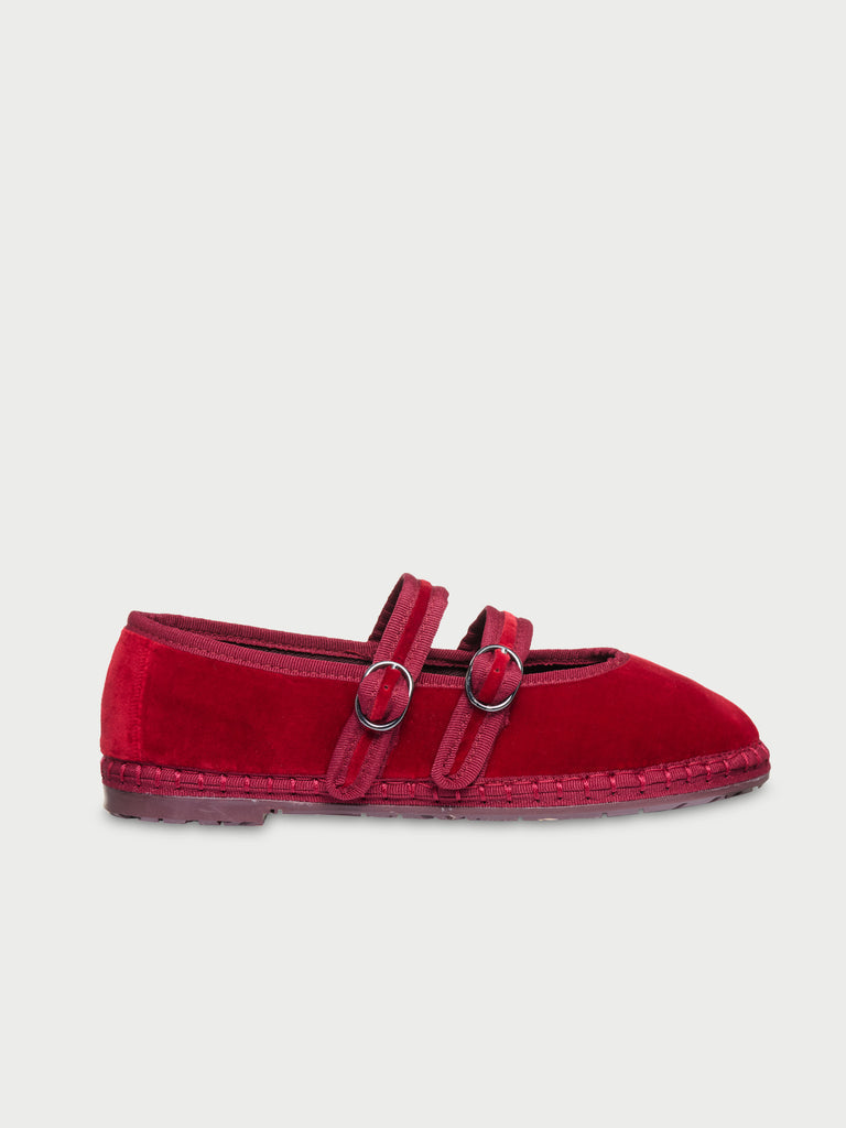 Claire red velvet mary jane in red with red piping and double red velvet straps with buckle as closure