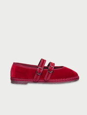 Claire red velvet mary jane in red with red piping and double red velvet straps with buckle as closure