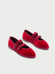 Claire red velvet mary jane in red with red piping and double red velvet straps with buckle as closure