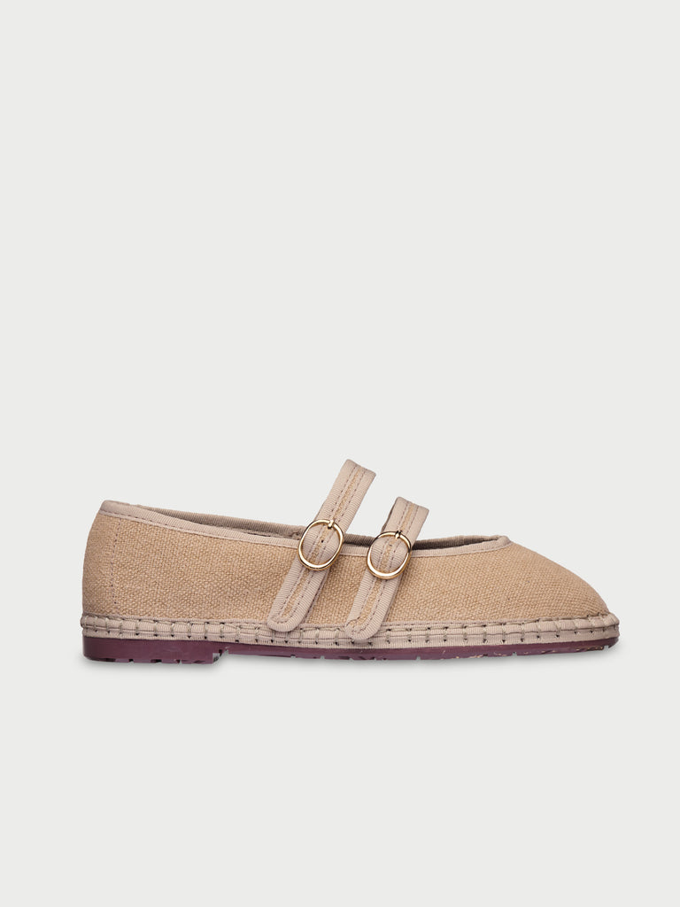 Claire sand linen mary jane in light brown with light brown piping and double linen straps with buckle as closure