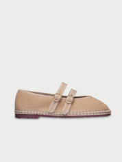 Claire sand linen mary jane in light brown with light brown piping and double linen straps with buckle as closure