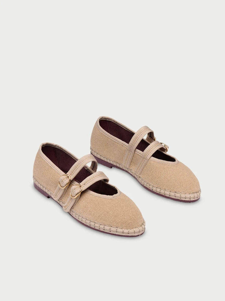 Claire sand linen mary jane in light brown with light brown piping and double linen straps with buckle as closure