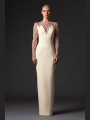 Crepe dress with crystal grid embroidery