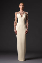 Crepe dress with crystal grid embroidery